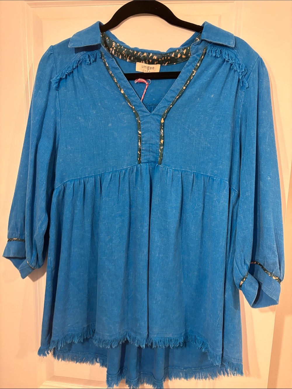 Umgee Turquoise V-Neck Tunic with Fringe Trim